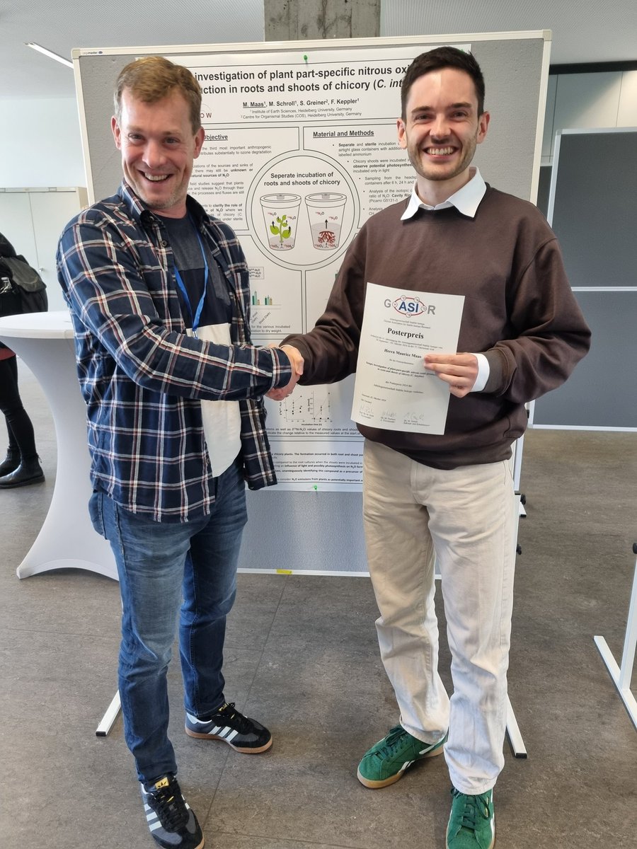Our group had a great time at this year's GASIR meeting in Darmstadt with fascinating talks, engaging discussions, and we're proud to announce Maurice's win of the poster prize for his isotopic investigation of plant-part specific N2O production in chicory!🌿 #Isotopes