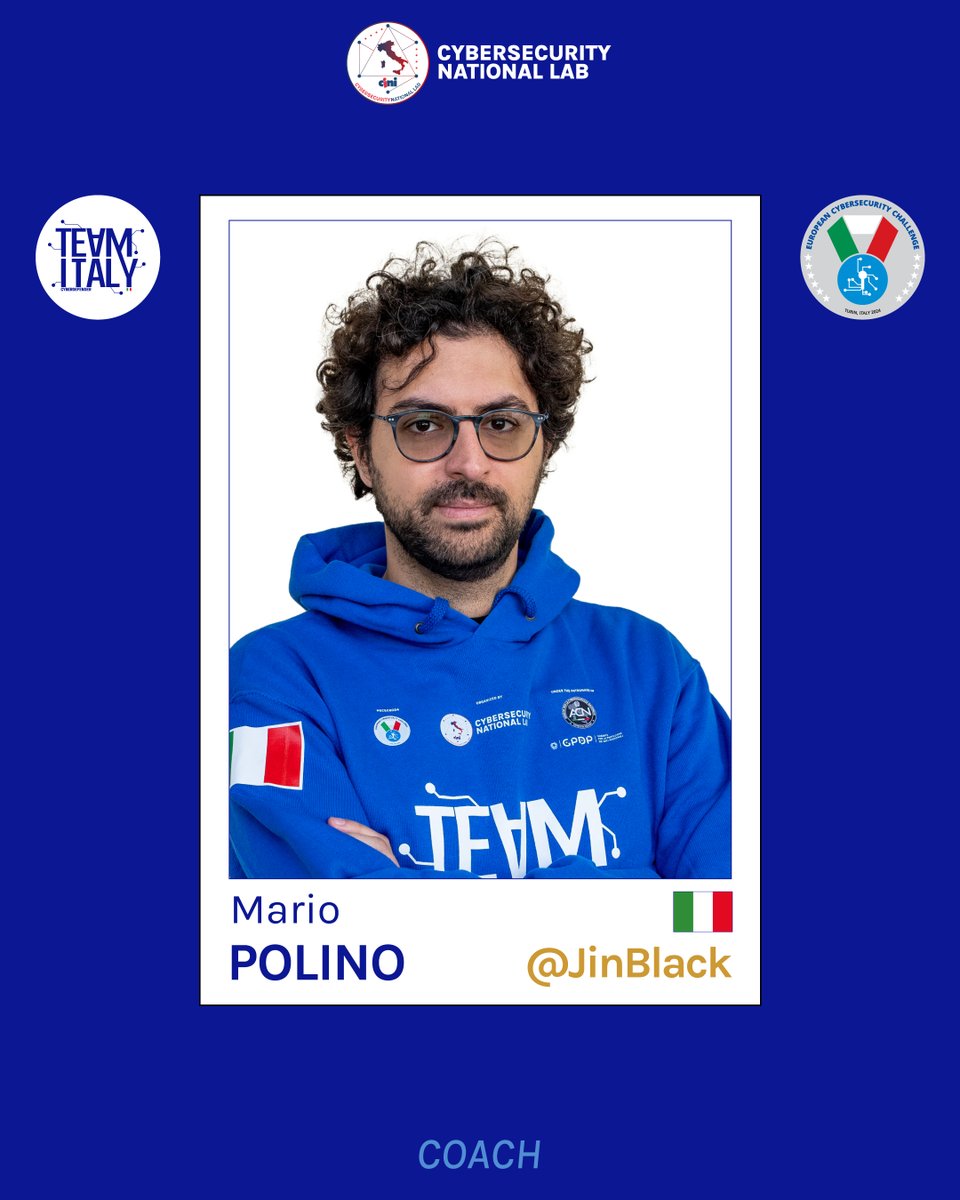 🇮🇹 Mario Polino aka JinBlack
👨🏻‍🏫 Coach TeamItaly

🇪🇺 <a href="/ecsc2024/">ECSC2024</a>
📆 8-11 october 2024
📍 Turin, Italy

#ECSC2024 #CyberTeamItaly #CyberSecurity

teamitaly.eu