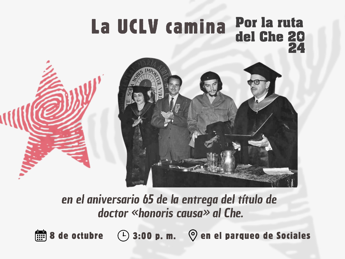 ¡Buenos días juventud! 
    🗣Te convocamos este 8 de octubre a participar junto a la #UCLVNuestra a la Marcha "Por la Ruta del Che" . Dedicada al 65 aniversario de la Entrega del Título de Doctor  "Honoris Causa" al Che en la #UCLV .