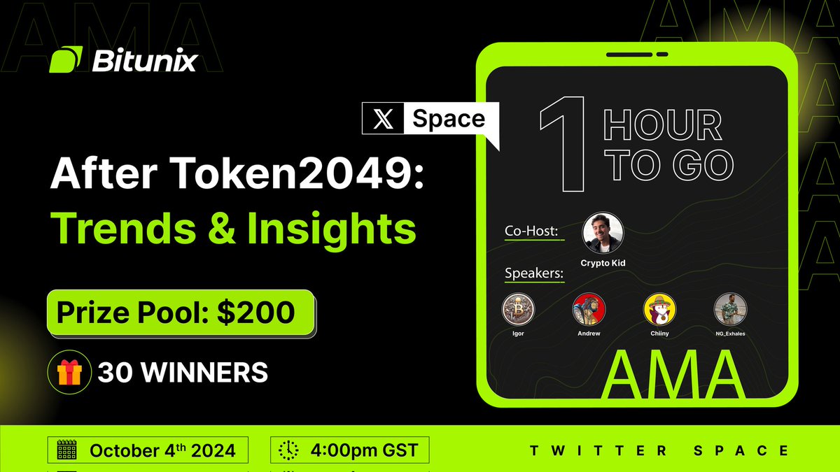 BitunixOfficial's tweet image. One hour to go 🚨

Join #Bitunix&apos;s X Space to get insights about the topic &apos;After Token2049: Trends &amp;amp; Insights,&apos; co-hosted by @CryptoKidCom

🔸Enter our $200 Giveaway, 30 winners: 

Set Reminder: x.com/i/spaces/1DXGy…

🗓️ October 4, 4.00 pm GST

#BitunixAMA #BitunixXSpace