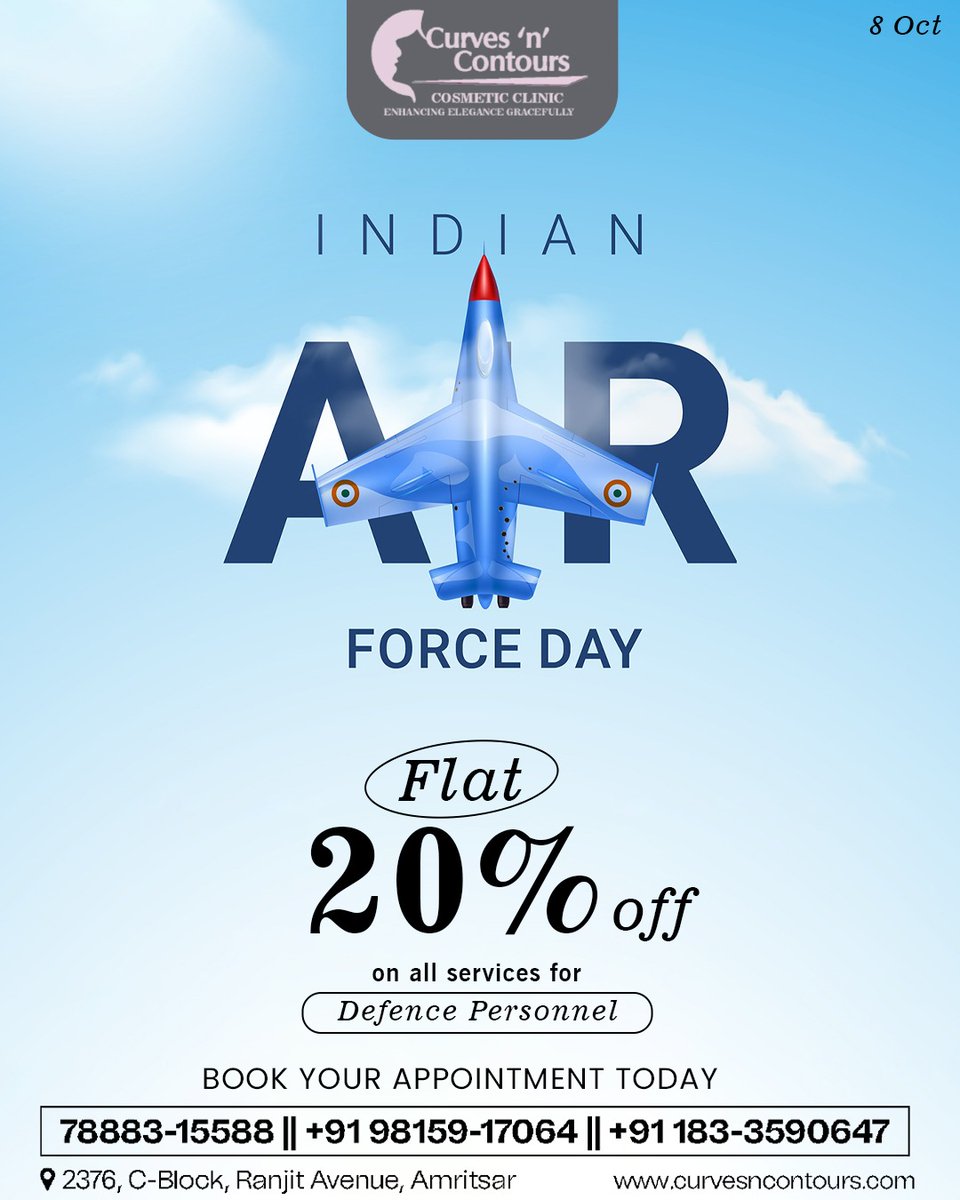 Honoring the heroes who soar high! 🛫 On this Indian Air Force Day, enjoy 20% off on all services for our brave Defence Personnel. 
Book your appointment now at:
78883-15588 // +91 98159-17064 // +91 183-3590647
2376, C-Block, Ranjit Avenue, Amritsar

 curvesncontours.com