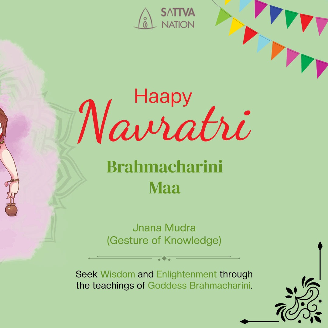 🌸✨ Day 2: Brahmacharini ✨🌸
Today, we celebrate Goddess Brahmacharini, the symbol of knowledge and enlightenment. 🕊️📿 Through the Jnana Mudra, let us open ourselves to wisdom and inner strength. 

May her teachings guide us on our journey to self-discovery and purpose. 🙏💫
