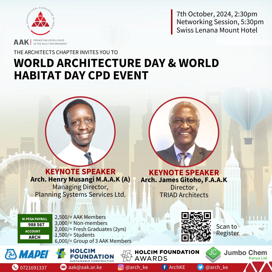 Join us on October 7th as we celebrate World Architecture Day and World Habitat Day at the Swiss Lenana Mount Hotel, Nairobi! 🎉.

We are thrilled that our very own Director, Arch. James Gitoho will be one of the keynote speakers!