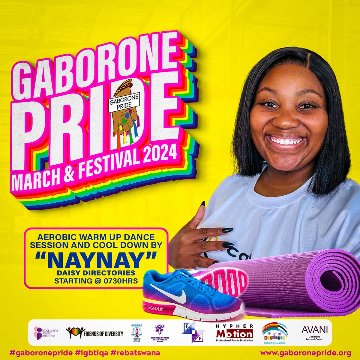 GaboronePride's tweet photo. Be sure to arrive well in time for the Pre March Aerobic Warm Up &amp; Dance Session… 💪🏽🤸🏽‍♀️👟🏳️‍🌈

See you all tomorrow! 🌞🫶🏽

Follow for more important announcements… 😉

#gaboronepridemarch #gaboronepride2024 #gaboronepride #Pride https://t.co/IkkzNBkgp0