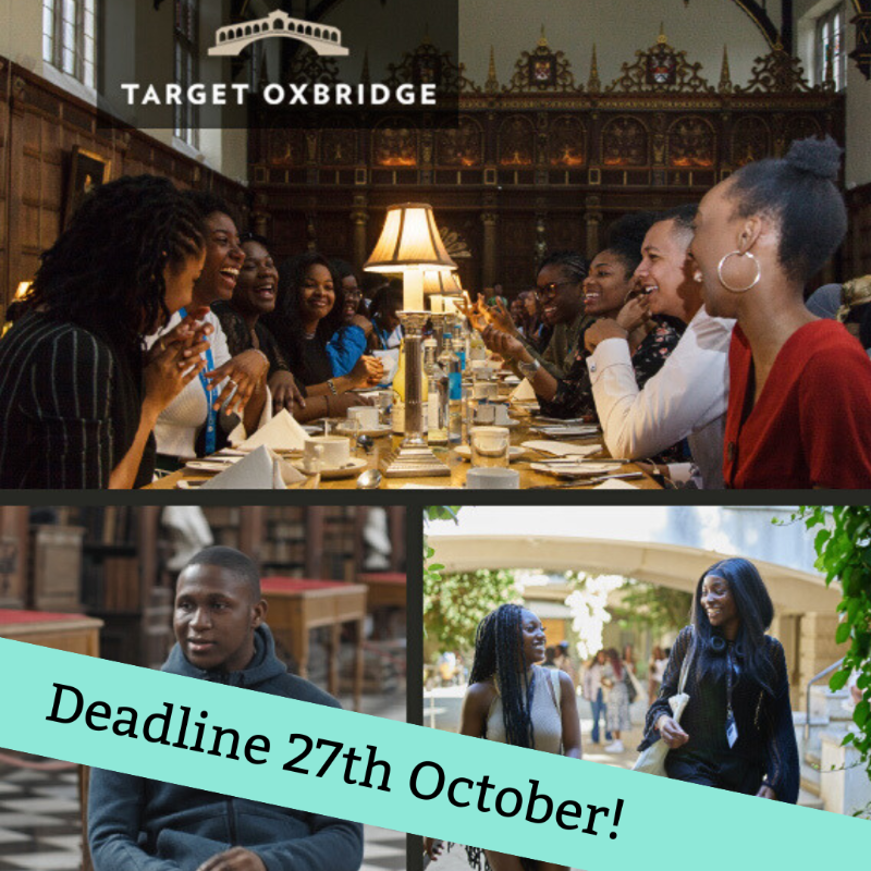 Cambridge_Uni's tweet photo. Are you a Year 12 student from a Black African, Caribbean or mixed race background, thinking about applying to Oxford or Cambridge?

Apply now to the @TargetOxbridge programme before 27 October to get free advice on applying and mentoring from current Black students.

Good luck!
