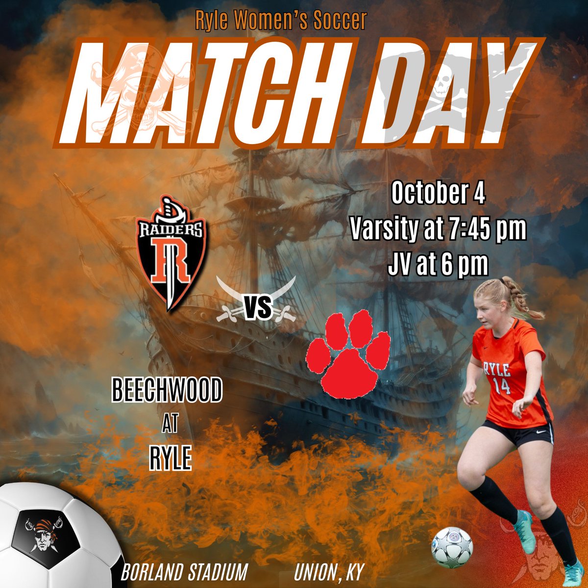 It's our last match of the season. Come support the Lady Raiders at Borland Stadium against the Beechwood Tigers! 
Protect the ship!⚽️⚔️🏴‍☠️ 
Junior Varsity at 6 PM
Varsity at 7:45 PM
ONE HEART
ONE MIND
ONE PROGRAM 
#HOORAH