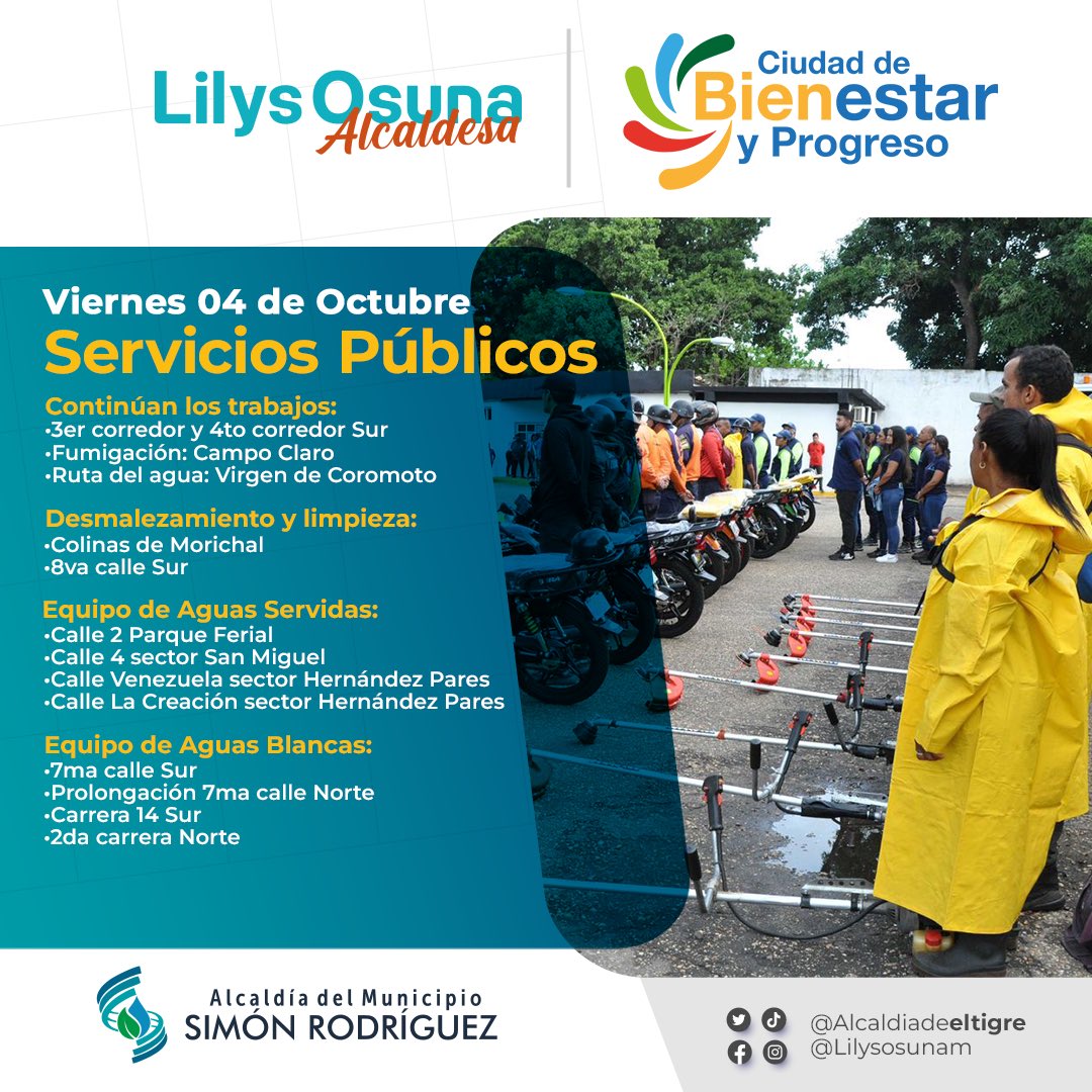 Buenos días queridos vecinos, esta es nuestra agenda para hoy #04Oct de Servicios Públicos.Trabajamos por una ciudad de #BienestaryProgreso