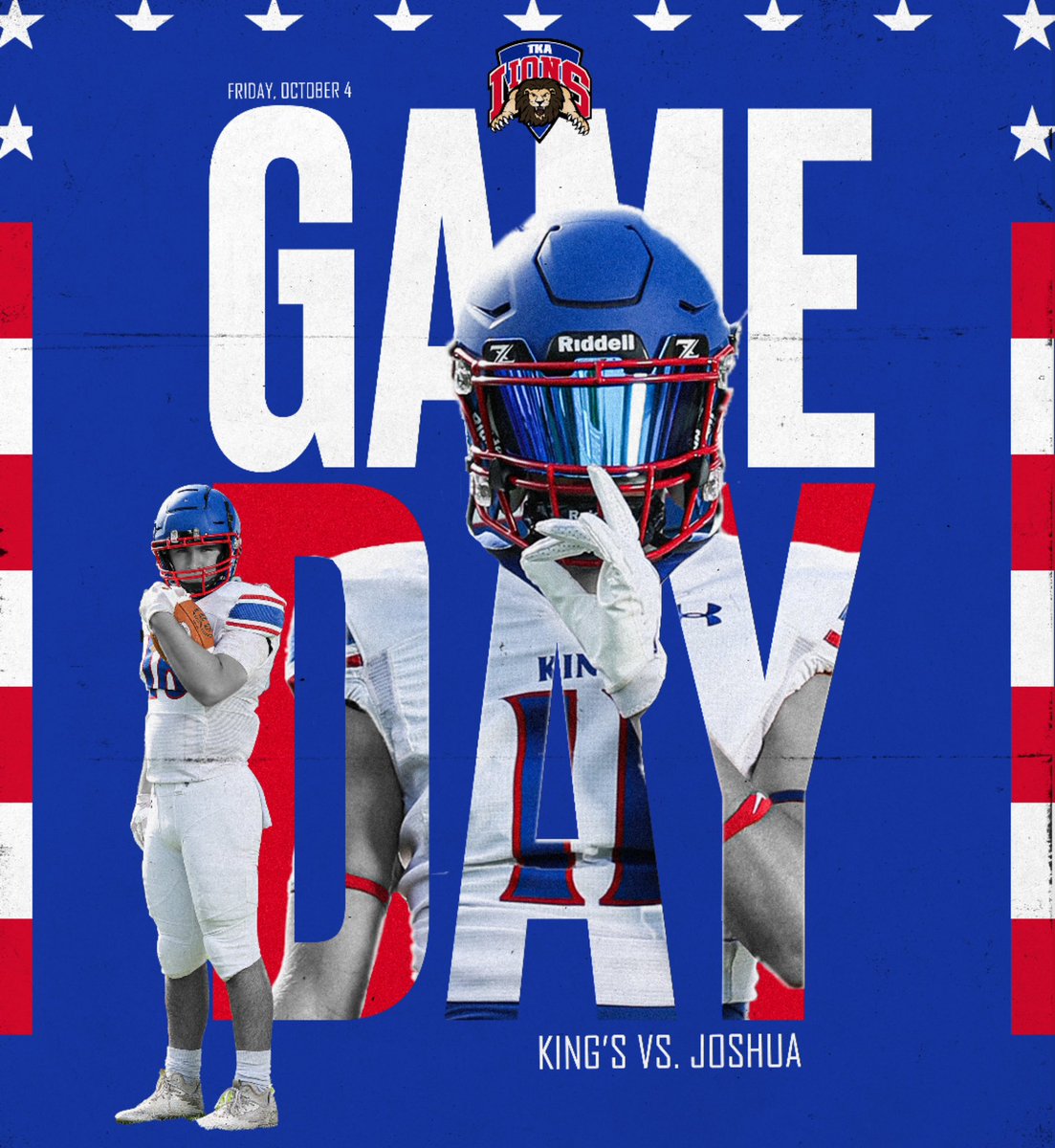 The King’s Academy Athletic Dept. (@tkalions) on Twitter photo It’s Homecoming game day! The undefeated Lions welcome Joshua Christian to Kahlert Stadium tonight for a 6:30 pm kick off. It looks to be a great night at TKA with our students, families and alumni! #tkafootball 🏈 It’s Homecoming game day! The undefeated Lions welcome Joshua Christian to Kahlert Stadium tonight for a 6:30 pm kick off. It looks to be a great night at TKA with our students, families and alumni! #tkafootball 🏈