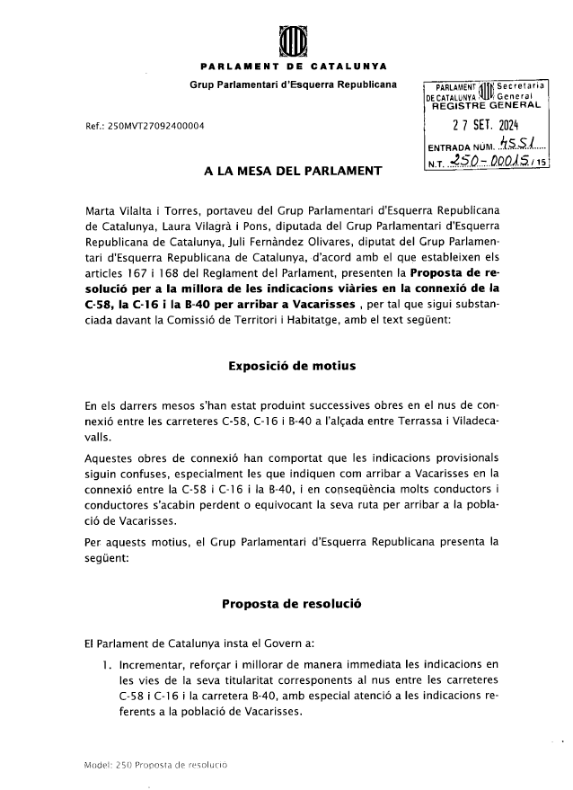 ERC_Vacarisses's tweet photo. El Grup Parlamentari d' @Esquerra_ERC presenta una Proposta de Resolució al #Parlament de Catalunya per a la millora de les indicacions viàries en la connexió de la C 58, la C-16 i la B 40 per arribar a #Vacarisses https://t.co/GLryktebej