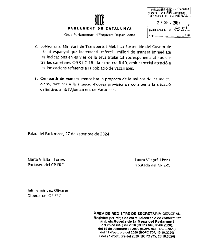 ERC_Vacarisses's tweet photo. El Grup Parlamentari d' @Esquerra_ERC presenta una Proposta de Resolució al #Parlament de Catalunya per a la millora de les indicacions viàries en la connexió de la C 58, la C-16 i la B 40 per arribar a #Vacarisses https://t.co/GLryktebej