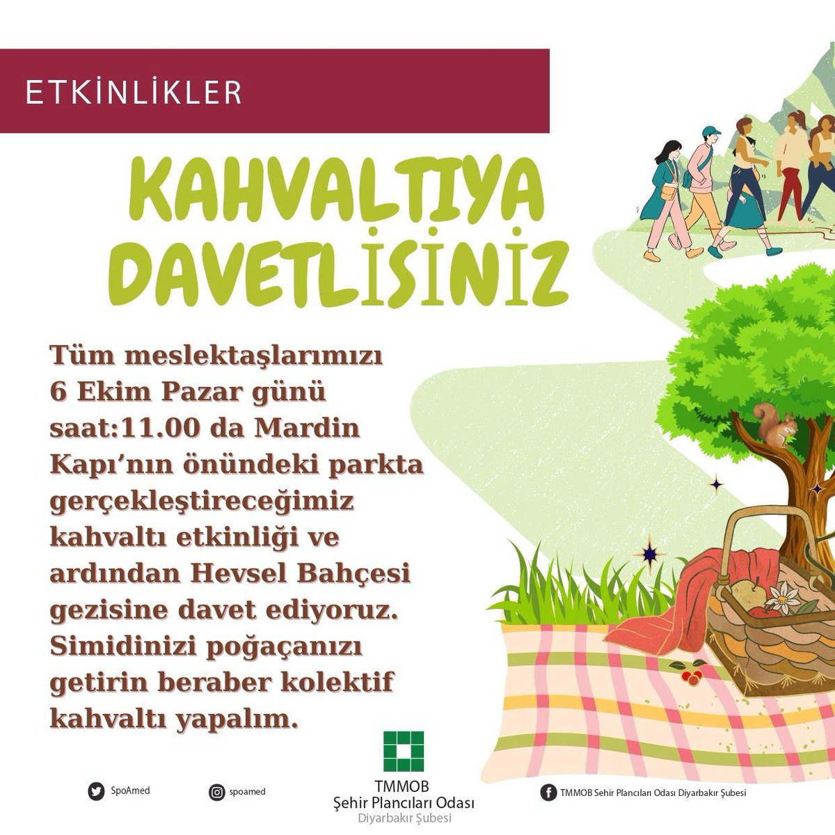 SpoAmed's tweet photo. KAHVALTIYA DAVETLISINIZ 
Tüm meslektaşlarımızı 6 Ekim Pazar günü saat 11:00 da Mardin Kapının önündeki parkta gerçekleştireceğimiz kahvaltı etkinliğine ve ardından Hevsel Bahçesi gezisine davet ediyoruz. https://t.co/wGQIkudU9o