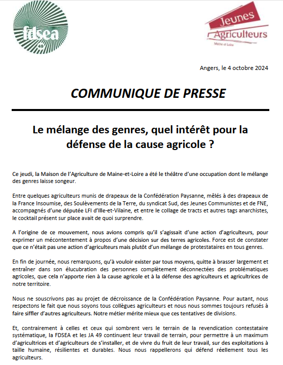 Communiqué FDSEA <a href="/JeunesAgri49/">JeunesAgriculteurs49</a> "le mélange des genres, quel intérêt pour la défense de la cause agricole ?"