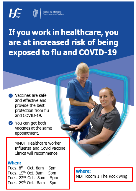 Mater Hospital Learning & Development (@materlearn) on Twitter photo Hello to all <a href="/MaterTrauma/">Mater Hospital Trauma</a> Healthcare workers.
Influenza and Covid Vaccine Clinics:
Dates (8am-5pm - all Tuesdays below)
* 8th Oct.
* 15th Oct.
* 22nd Oct.
* 29th Oct.
Location: MDT Room 1 - The Rock Wing
Please share with your colleagues. Hello to all <a href="/MaterTrauma/">Mater Hospital Trauma</a> Healthcare workers.
Influenza and Covid Vaccine Clinics:
Dates (8am-5pm - all Tuesdays below)
* 8th Oct.
* 15th Oct.
* 22nd Oct.
* 29th Oct.
Location: MDT Room 1 - The Rock Wing
Please share with your colleagues.
