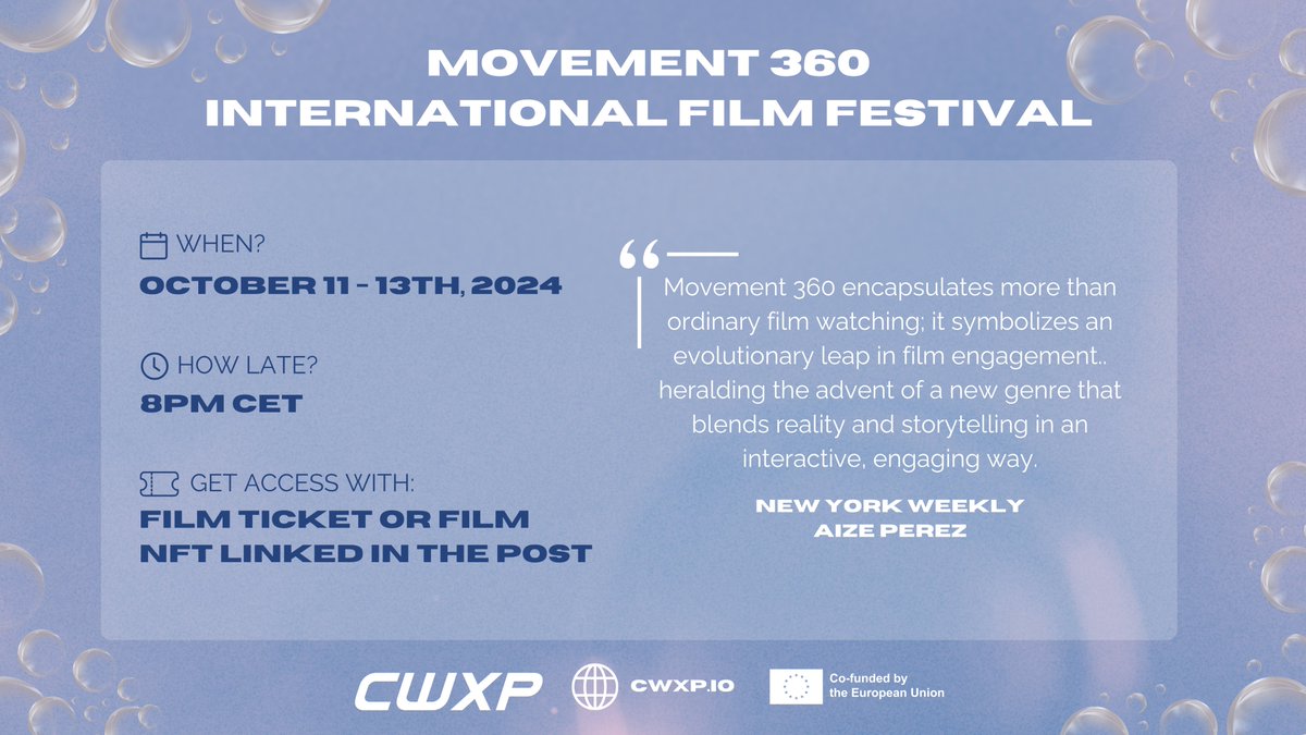 CWXP | Digital Music & Film Events (@cwxpeurope) on Twitter photo Don't miss the Movement 360 International Film Festival by <a href="/annafishbeyn/">AnnaFishbeyn</a> in the #CWXP Metaverse! 🪐 An innovative space for films that inspire positive social change.
🎥 October 11-13
🕗 Starts at 20:00 CET
🎟️ Get your ticket here: movement360.tv/pages/m360iff
#CreativeEurope Don't miss the Movement 360 International Film Festival by <a href="/annafishbeyn/">AnnaFishbeyn</a> in the #CWXP Metaverse! 🪐 An innovative space for films that inspire positive social change.
🎥 October 11-13
🕗 Starts at 20:00 CET
🎟️ Get your ticket here: movement360.tv/pages/m360iff
#CreativeEurope