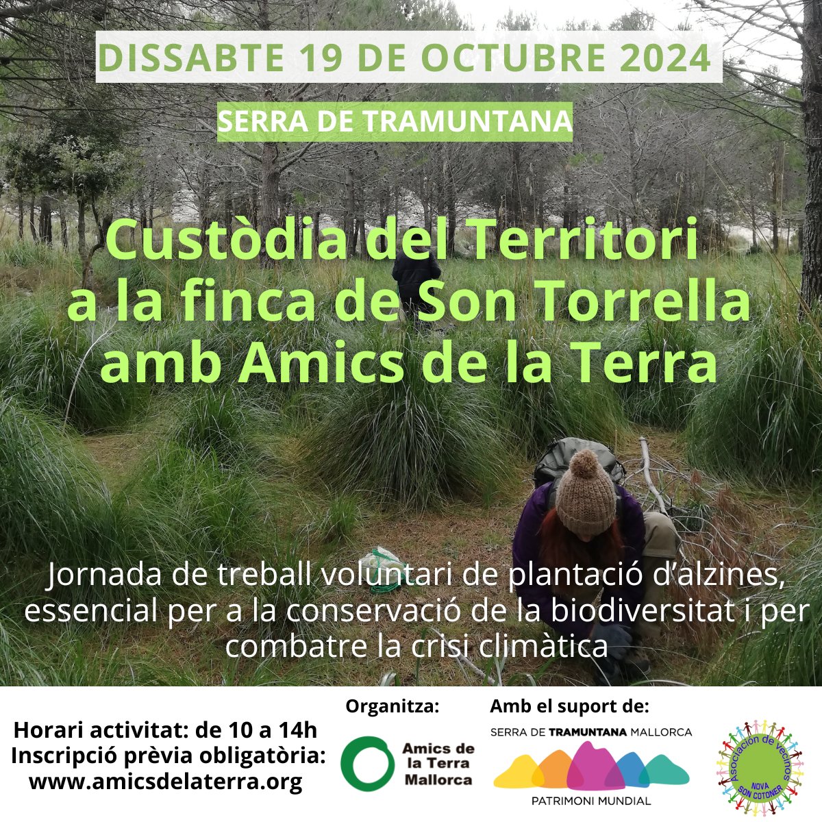 🌱🌍 Uneix-te a la Jornada de Custòdia del Territori amb <a href="/AmicsdelaTerra/">Amics de la Terra Mallorca</a>! 🌳 El 19 d’octubre de 2024 t'esperam a la finca Son Torrella (Puig Major) per plantar alzines i protegir la biodiversitat de la Serra de Tramuntana! 🏞️🌿
🔗 Inscripcions: forms.gle/8mEHhoo77V28qN…