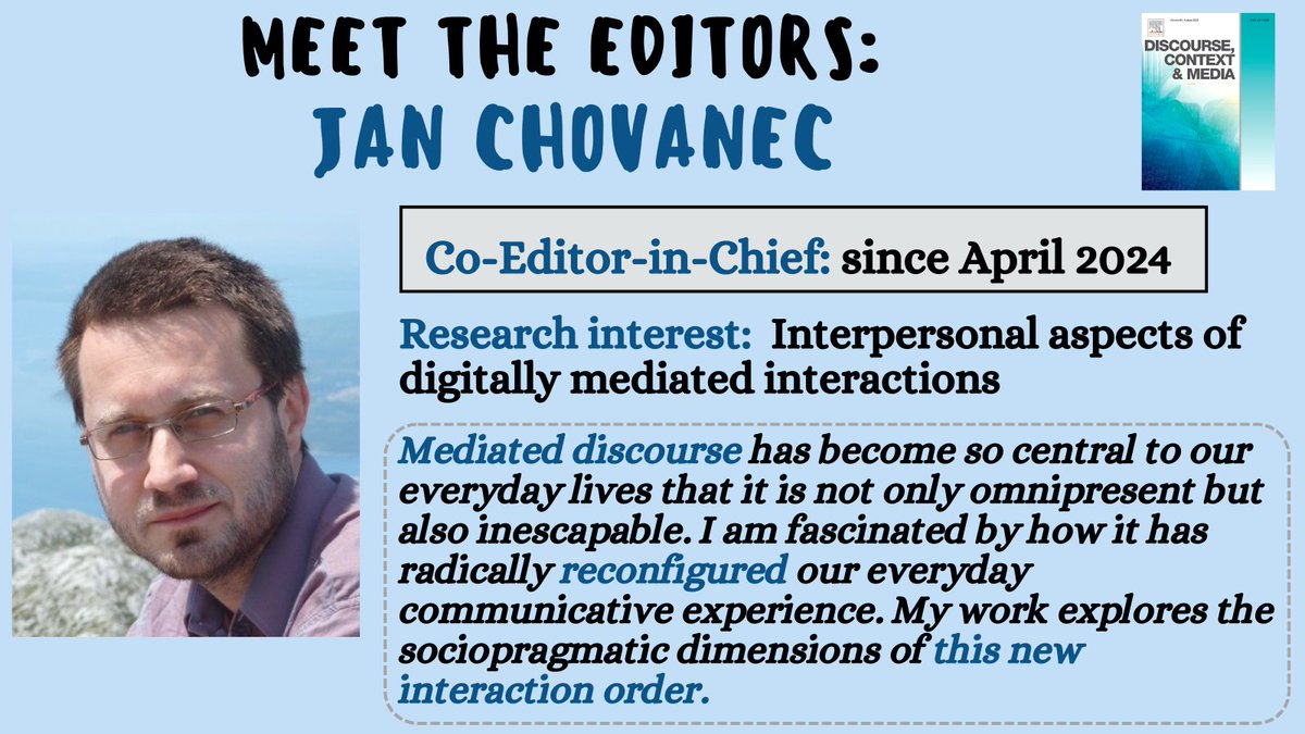 dcmjournal's tweet photo. There have been changes in the Editorial Team at #DCM_Journal.
Do you want to #MeetTheEditors? What do they do research on? How long have they been part of the team? How do they approach the notion of #MediatedDiscourse?
Meet our co-editors-in-chief: @LeeCarmenlee & Jan Chovanec https://t.co/ENZMfThST6