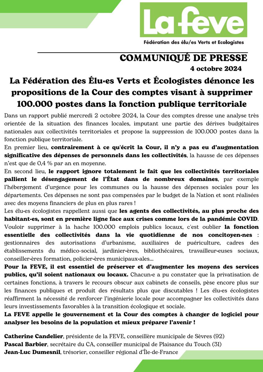 FEVEinfo's tweet image. Des fonctionnaires en moins dans nos mairies, départements &amp;amp; régions ? C’est non❌🚫
La FEVE dénonce les propositions de la Cour des comptes, visant à amputer la FPT de 100 000 agent•es qui accomplissent au quotidien des missions de service public au contact des citoyen•nes🙏🫶