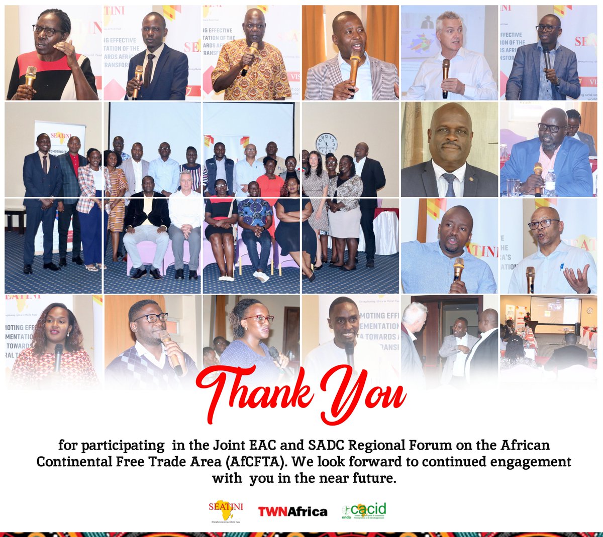 SEATINIUGANDA's tweet photo. 🎉A big thank you to everyone who made the Joint EAC &amp; SADC CSO Forum on AfCFTA a success! 

Your insights and collaboration are key to unlocking the full potential of the AfCFTA.Let's continue to push for inclusive trade and economic transformation! #MakeAFCFTAWork https://t.co/fDjILWVDuU
