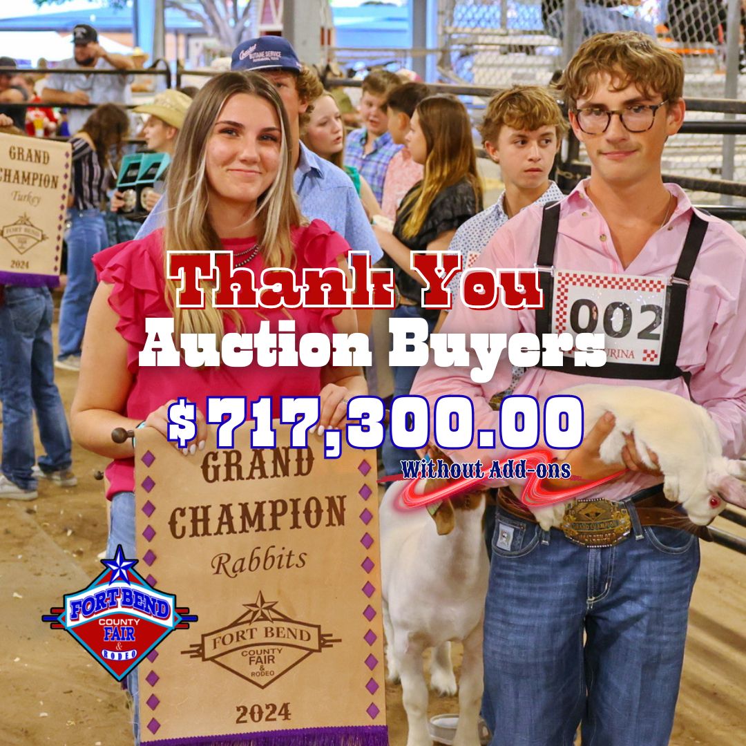 fbcfair's tweet photo. Thank you, buyers &amp; bidders....because of you over 700-thousand was generated for our exhibitors at our Jr. Livestock Auction before add-ons.  #fbcfair #fbcf #fortbendcountyfair #fairtime #fairdays #DefyingChallengesRaisingChampions #fairszn🎡 https://t.co/k9gjl7Kt6E
