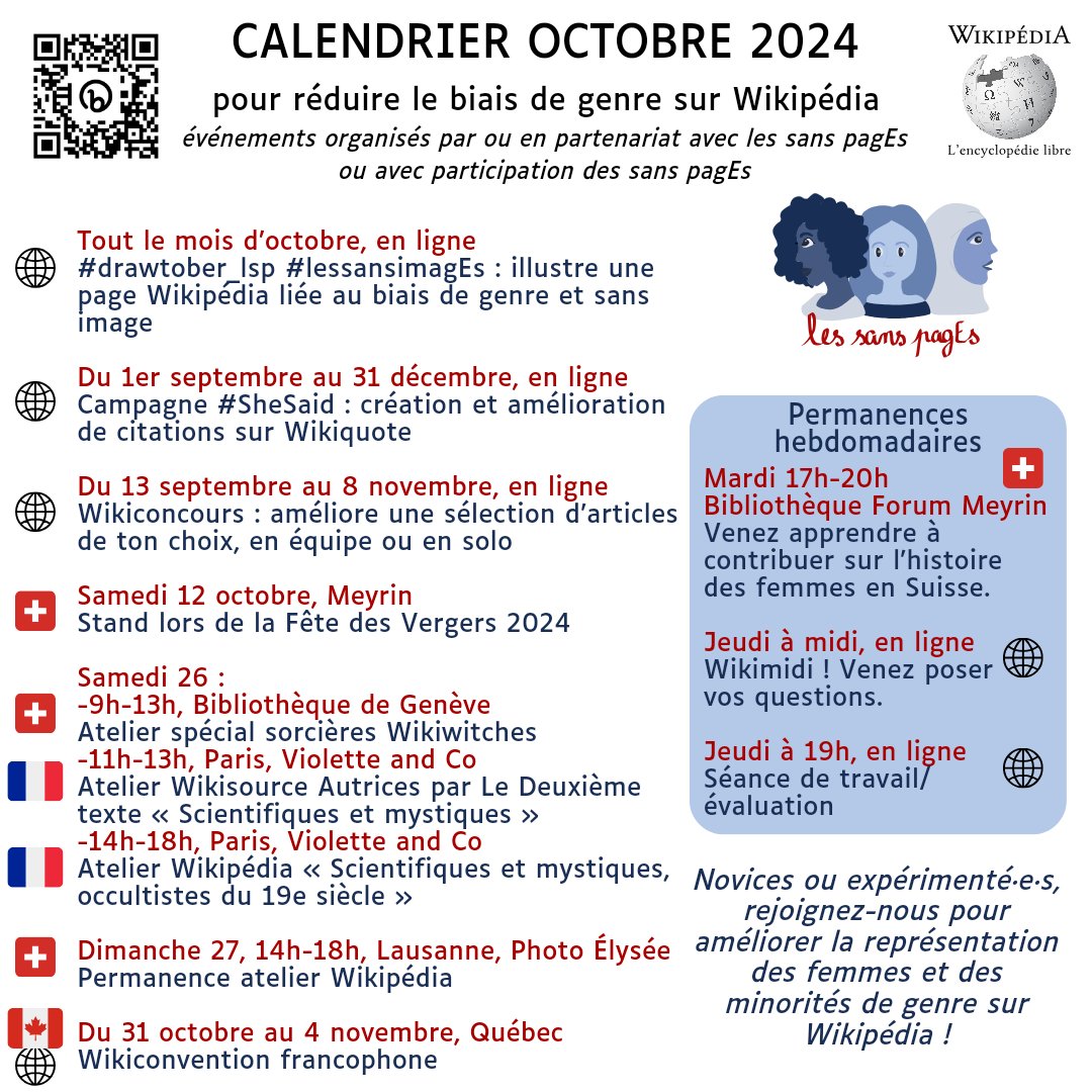 Octobre est là, et nous avons plein d'activités prévues ce mois-ci pour réduire le #BiaisDeGenre sur <a href="/Wikipedia_fr/">Wikipédia en français</a>, <a href="/frwikiquote/">Wikiquote, Français</a>, le <a href="/Wiktionnaire/">Le Wiktionnaire</a> et <a href="/WikiCommons/">Wikimedia Commons</a>. Rejoignez-nous !

Infos détaillées : fr.wikipedia.org/wiki/Projet:Le…
 
#féminisme #Wikipedia #wiktionnaire #commons #SheSaid