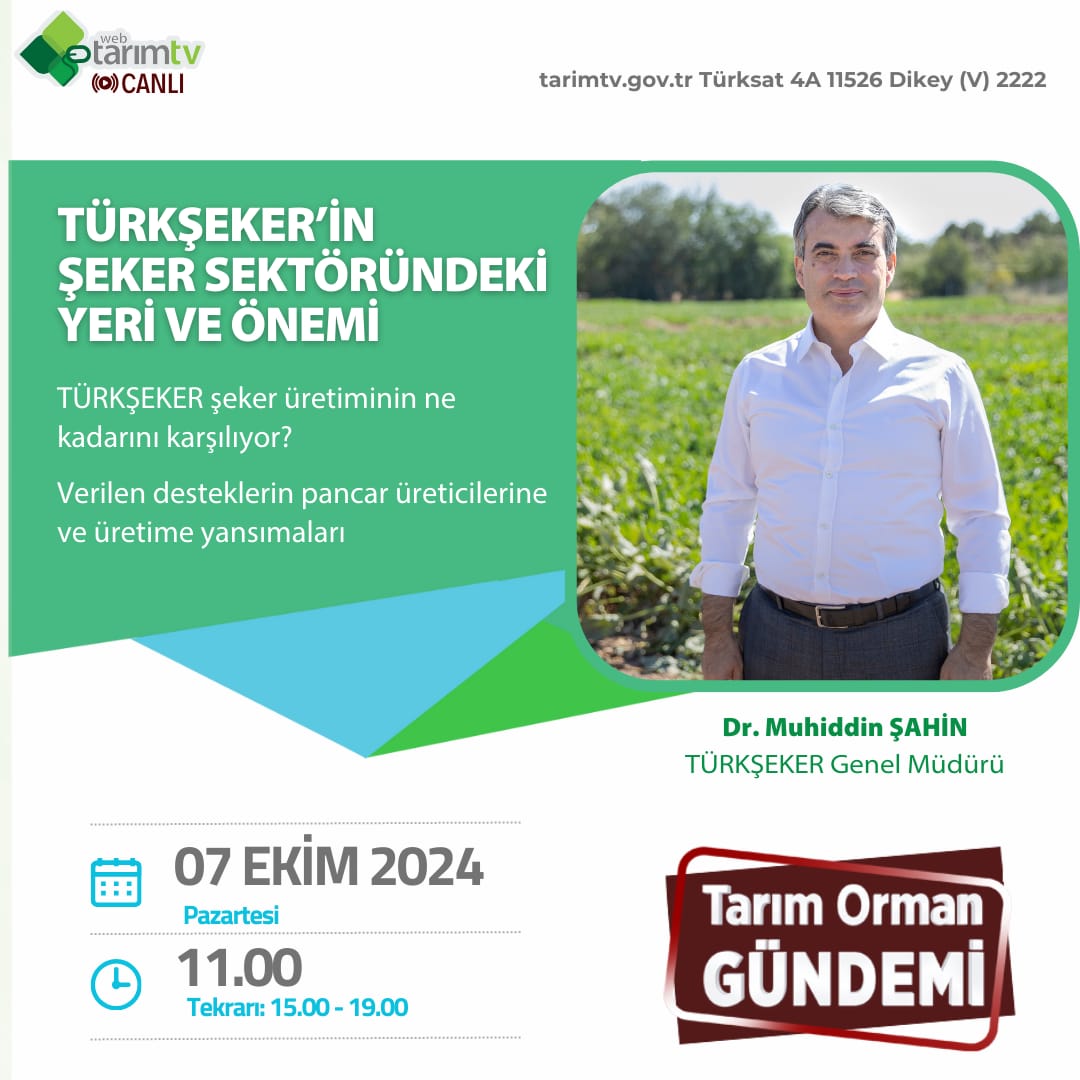 turksekeras's tweet photo. TÜRKŞEKER Genel Müdürü Sayın Dr. Muhiddin ŞAHİN 2024/2025 üretim dönemi ve daha birçok konuyu Tarım Orman Gündemi'nde değerlendiriyor. https://t.co/lFGxxMyVeo