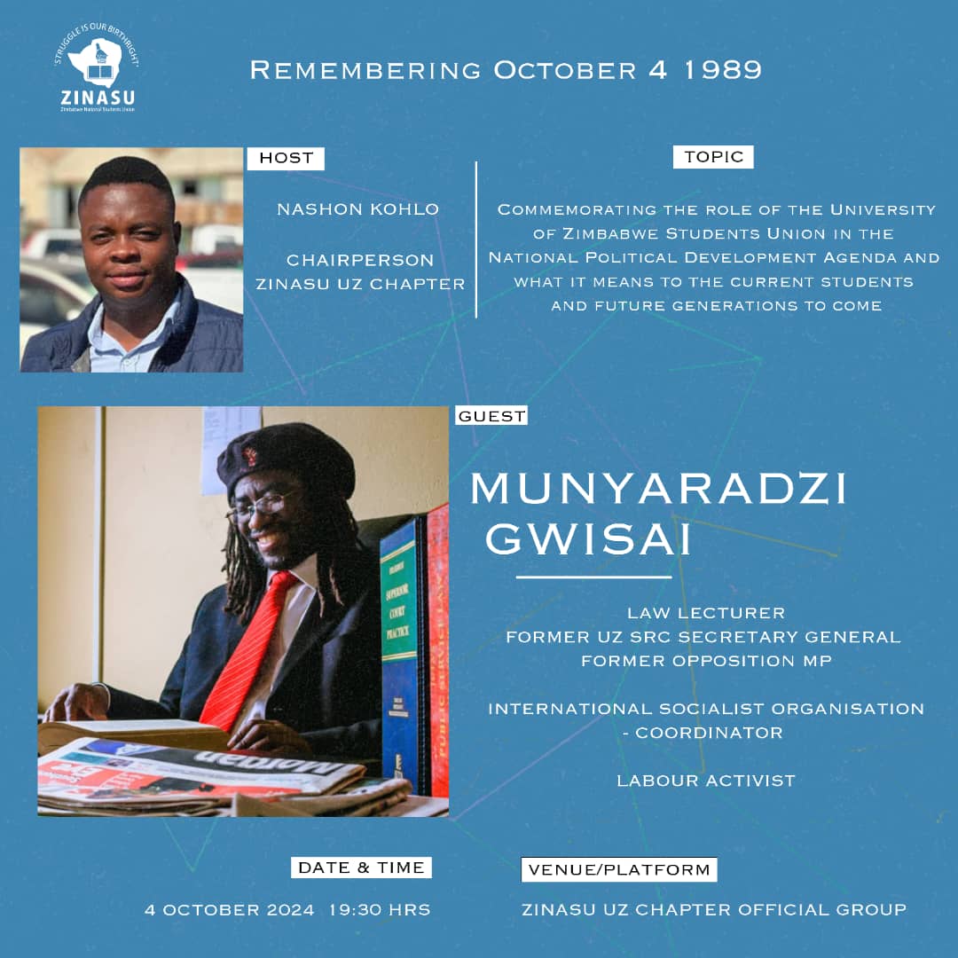 MalemaZw's tweet photo. Revolutionary Greetings vanguards of democracy, today the Uz Chapter Chairperson @Narshon_Kohlo is hosting the revolutionary commander Cde @GwisaiMunya in commemoration of the #October04. #October04 is a special day for the @Zinasuzim.
@Cde_Ostallos @molokele @cdemlambo https://t.co/cljXoWOnTB