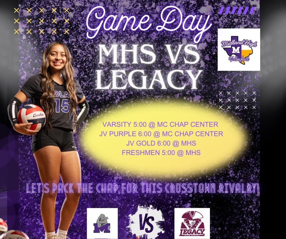 Midland High VB (@midlandhighvb) on Twitter photo It's Game Day....Rivalry edition!๐พ
MHS vs Legacy ๐๐๐
#OYB #together
๐Varsity and Purple @ Midland College Chap Center
๐Gold and Freshman @ MHS
๐๏ธ: midlandisd.net/departments/atโฆ
๐บ: midlandisdsports-bulldogs.com/broadcasts
Let's Pack the Chap!๐พ
<a href="/AthleticsMISD/">Midland ISD Athletics</a> <a href="/MidlandHigh_MHS/">Midland High School</a> It's Game Day....Rivalry edition!๐พ
MHS vs Legacy ๐๐๐
#OYB #together
๐Varsity and Purple @ Midland College Chap Center
๐Gold and Freshman @ MHS
๐๏ธ: midlandisd.net/departments/atโฆ
๐บ: midlandisdsports-bulldogs.com/broadcasts
Let's Pack the Chap!๐พ
<a href="/AthleticsMISD/">Midland ISD Athletics</a> <a href="/MidlandHigh_MHS/">Midland High School</a>