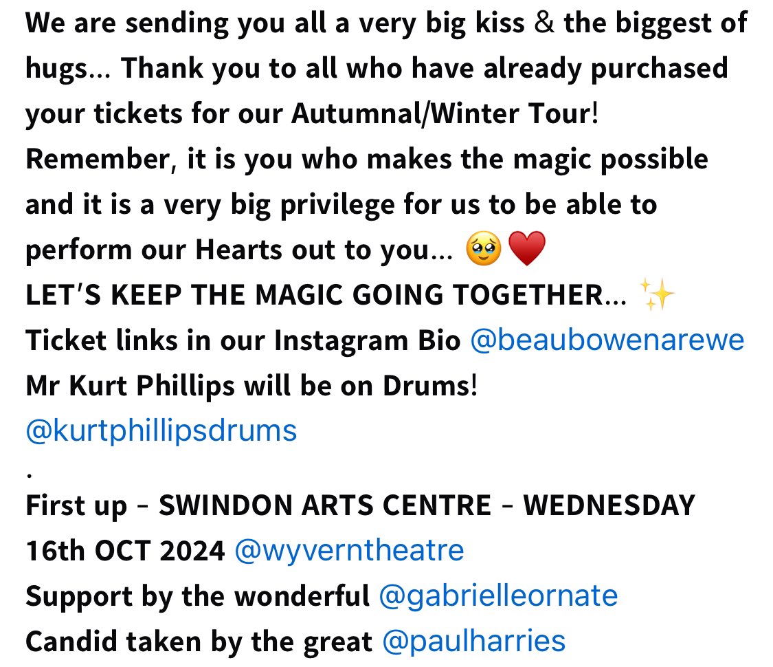A few precious words from us both to you…….. (see in the pictures below)♥️🍁🫶🏻
#autumnalmusictour #swindonartscentre #wyverntheatre #swindonmusic #swindonarts #swindoncommunity #lovenewmusic #britishmusic #keepmusicaliveandfresh #uniquemusic #freshsounds #beaubowen #cometothis