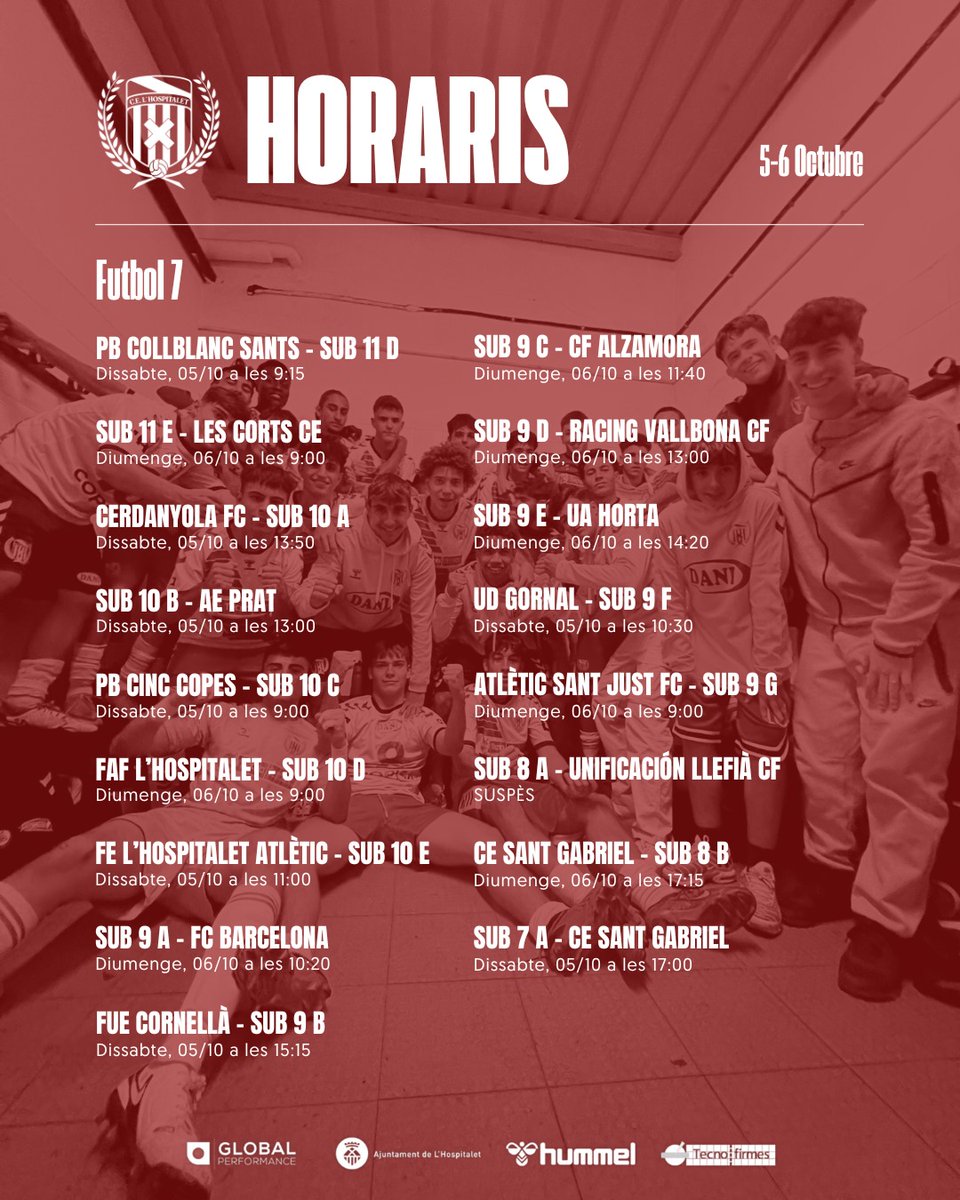 [AGENDA]

📌 Ajonat el partit del JA davant el <a href="/RCDE_La21/">RCD Espanyol Futbol Base - Dani Jarque | La21</a> (23-10).
📌 El JB rep el <a href="/cpsarria/">CP Sarrià</a> (Dg 20h).
📌 El CA rep el <a href="/cevilaolimpica/">CE Vila Olimpica</a> i el CB visita la <a href="/UEFigueres/">UE Figueres</a>.
📌 El S14A rep el <a href="/martinenc/">FC Martinenc</a> i el S13A vista el <a href="/CEMercantil/">C.E. Mercantil</a>
📌 Comencen les lligues de 2a Divisió.

#SomFutur⚪️❤️