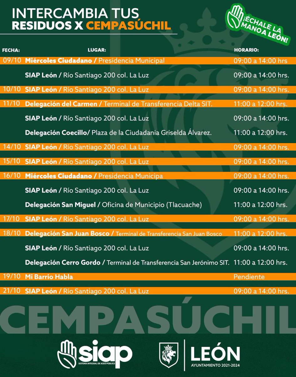 ¡Estamos por iniciar nuestros intercambios con el programa Recicla y Gana ♻️ Cempasúchil!, checa fechas, horarios y ubicaciones en donde estaremos 🥳 ¡Te esperamos!