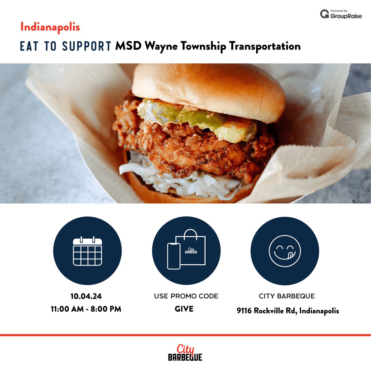 We Are Wayne (@waynetwpschools) on Twitter photo Need a good excuse for City Barbeque? <a href="/WayneTownship/">Wayne Township</a> Transportation Department is hosting a fundraiser today, Oct. 4, at City Barbeque, 9116 Rockville Rd., until 8 p.m. Promo code GIVE. Proceeds support a Wayne Township family this holiday season! #WeAreWayne @MSDWayneOps Need a good excuse for City Barbeque? <a href="/WayneTownship/">Wayne Township</a> Transportation Department is hosting a fundraiser today, Oct. 4, at City Barbeque, 9116 Rockville Rd., until 8 p.m. Promo code GIVE. Proceeds support a Wayne Township family this holiday season! #WeAreWayne @MSDWayneOps