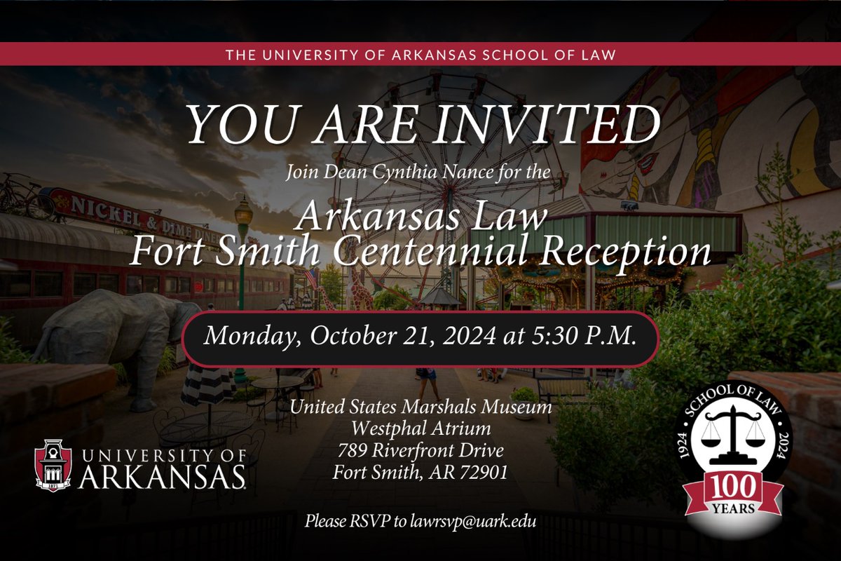 Arkansas Law School (@uarklaw) on Twitter photo We can’t wait to see our Fort Smith #LawHogs! Join us for complimentary hors d'oeuvres and beverages during the Fort Smith Centennial Reception at 5:30 p.m. Monday, October 21. Please RSVP to lawrsvp@uark.edu.
#UARKLaw #ArkansasLaw #UARKLaw100 We can’t wait to see our Fort Smith #LawHogs! Join us for complimentary hors d'oeuvres and beverages during the Fort Smith Centennial Reception at 5:30 p.m. Monday, October 21. Please RSVP to lawrsvp@uark.edu.
#UARKLaw #ArkansasLaw #UARKLaw100