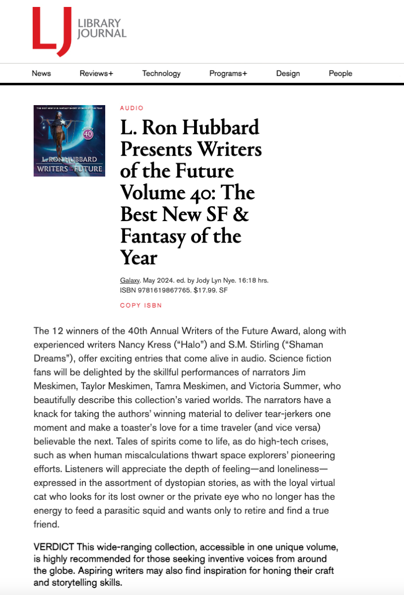 galaxypress's tweet photo. Today’s Library Journal Review: “This wide-ranging collection, accessible in one unique volume, is highly recommended.”
“Inventive voices from around the globe.” - Thank you, LJ.
#WritersOfTheFuture #WOTF40 #LRonHubbard #BookReview #LibraryJournal #SciFiBooks #FantasyBooks https://t.co/Bi2L2UO2M5