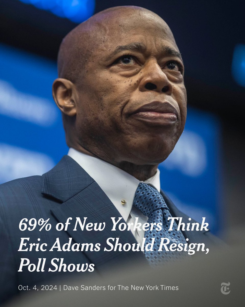 Only 30% of New Yorkers said Mayor Eric Adams should serve out the rest of his term after his indictment on corruption charges, a poll found. A majority of Black New Yorkers, whose support helped propel him to office, also said he should resign. nyti.ms/3BwMWxC