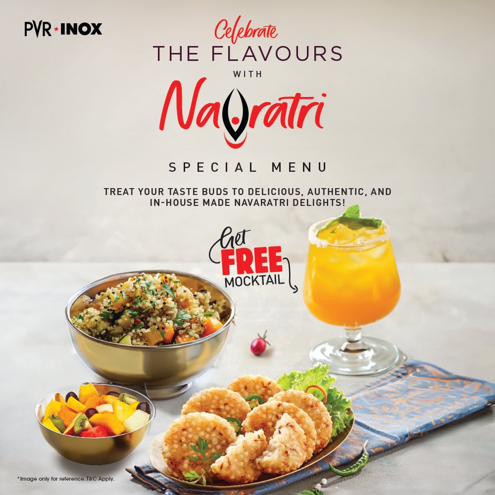 _PVRCinemas's tweet photo. Join us for a Navratri celebration like no other! 🥳 Experience divine flavors and cinematic magic at PVR INOX, and enjoy a FREE mocktail.
.
.
.
*T&C Apply
#Navratri #Navratri2024 #PVRINOX #Food #Flavours #FreeMocktail https://t.co/rp0e1Jmx8i
