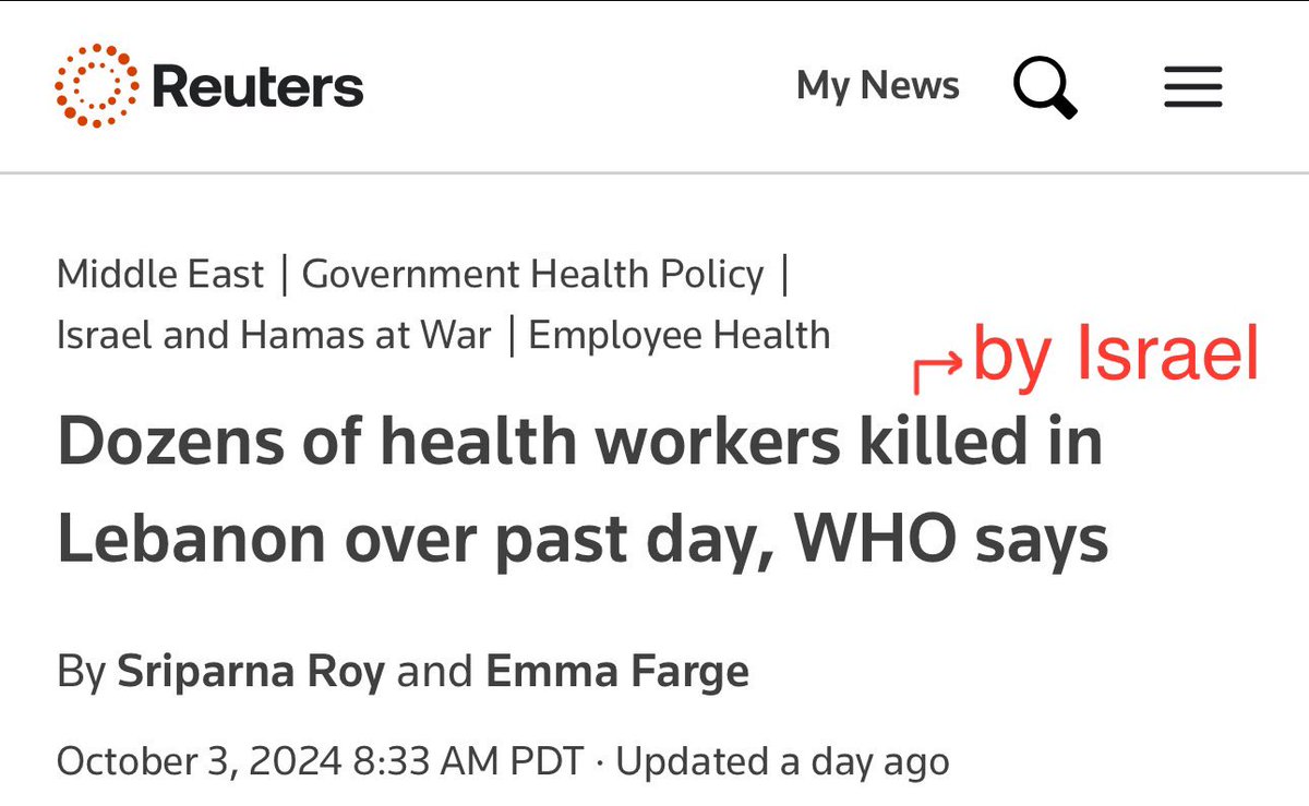 AssalRad's tweet photo. Just out of curiosity, who keeps bombing medical facilities and killing healthcare workers in Gaza and now Lebanon?

Because none of these headlines mention Israel. https://t.co/HaSFlRPghR