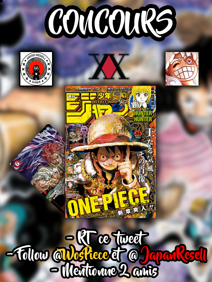 WosPiece's tweet photo. CONCOURS WEEKLY SHONEN JUMP #ONEPIECE 

Une magnifique carte One Piece TCG de Shanks par Yuto Suzuki (Sakamoto Days) + Un WSJ qui contient le retour de Hunter X Hunter ! 

Pour participer :  
-RT + FAV ce tweet 
- Follow @JapanResell  et @WosPiece 
- Mentionne 2 amis