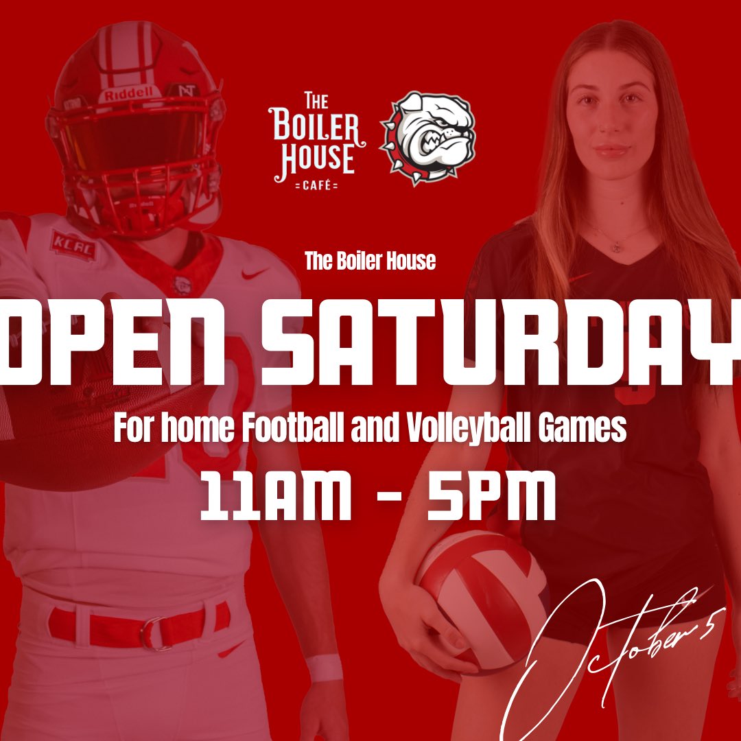 Tomorrow The Boiler House, an on campus cafe with delicious salads, wraps and sandwiches, will be open from 11am - 5pm to support our home Football and Volleyball games. Be sure to stop by The Boiler House for a pregame meal! 

Go Bulldogs! 🐾
