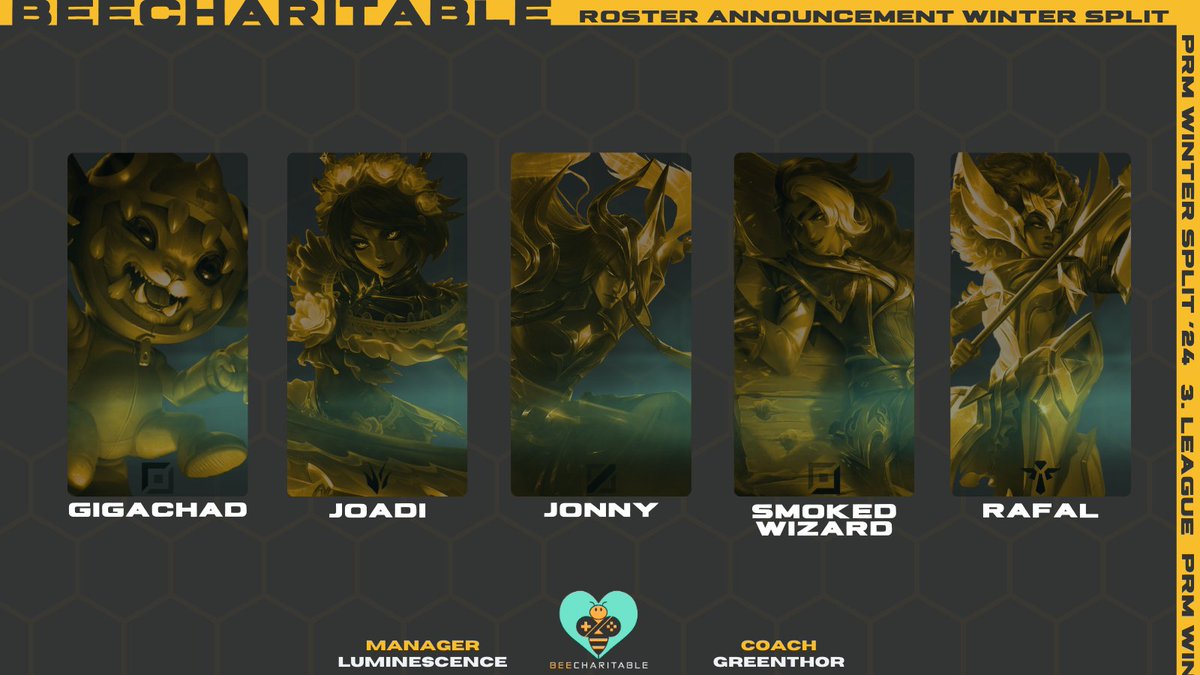 BeeCharitableOfficial (@beec_gaming) on Twitter photo ROSTER ANNOUNCEMENT
Three players have remained from the previous roster and we are happy to announce our team for the 3th league Wintersplit '24 of <a href="/PrimeLeague/">Die Techniker Prime League</a> 💛
Top: Kev aka Gigachad
Jungle: <a href="/Joadi_lol/">Joadi</a>
Mid: <a href="/Jonny227x/">Jonny</a>
ADC: <a href="/SmokedWizard/">SmokedWizard</a>
Supp: <a href="/Rafail_kir/">Rafail Kiriakakis</a>
Coach: ROSTER ANNOUNCEMENT
Three players have remained from the previous roster and we are happy to announce our team for the 3th league Wintersplit '24 of <a href="/PrimeLeague/">Die Techniker Prime League</a> 💛
Top: Kev aka Gigachad
Jungle: <a href="/Joadi_lol/">Joadi</a>
Mid: <a href="/Jonny227x/">Jonny</a>
ADC: <a href="/SmokedWizard/">SmokedWizard</a>
Supp: <a href="/Rafail_kir/">Rafail Kiriakakis</a>
Coach: