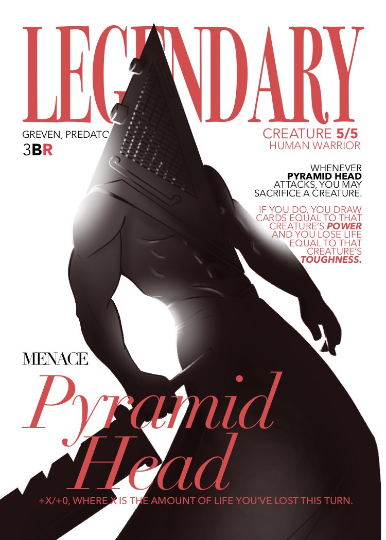 Day 3. I started drawing Pyramid Head and realized he’s always in this model-esque couture pose with such a striking silhouette. So i tried something new with the render and it kinda just led to this Vogue cover feel.