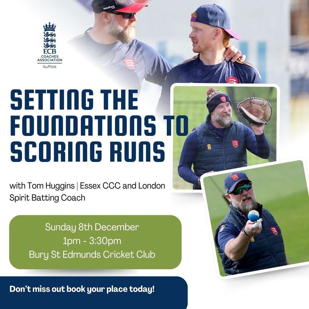 We are pleased to announce our next Suffolk CA Coaches Workshop of the Winter with <a href="/EssexCricket/">Essex Cricket</a>  Batting Coach Tom Huggins

📅 Sunday 8th December
⏲️ 1pm - 3:30pm
📍 <a href="/BuryStEdmundsCC/">Bury St Edmunds CC</a> 

Book your place today - booking.ecb.co.uk/event/3a118a85…

Open to all coaches 

#icoachcricket