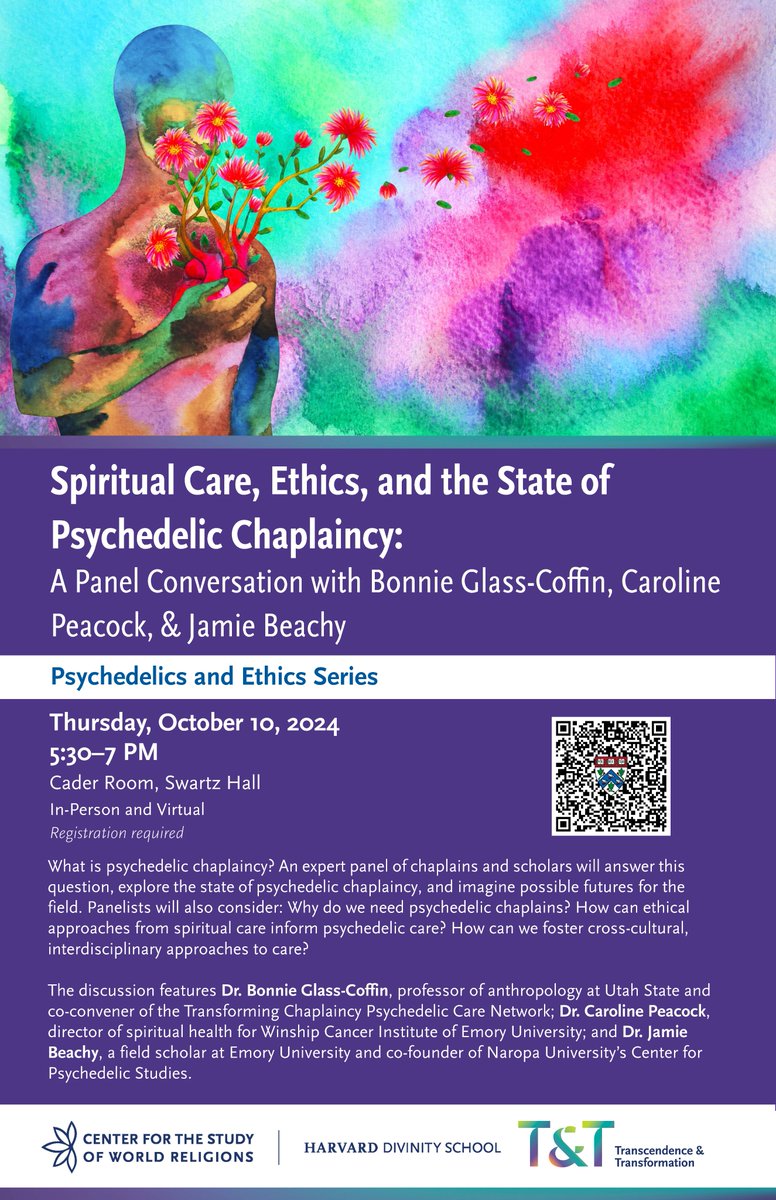 Join us next Thursday (10th) for a Psychedelic Chaplaincy panel <a href="/HarvardDivinity/">Harvard Divinity</a>, with Bonnie Glass-Coffin, Caroline Peacock, and Jamie Beachy. Online or in person registration here: cswr.hds.harvard.edu/news-events/ca…