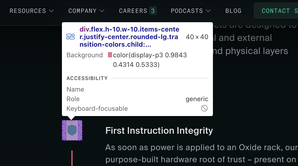 adamwathan's tweet image. What sites have you seen in the wild making use of wide gamut colors — colors that are too vibrant to be represented in sRGB?
Two I've seen — Oxide and Vercel: