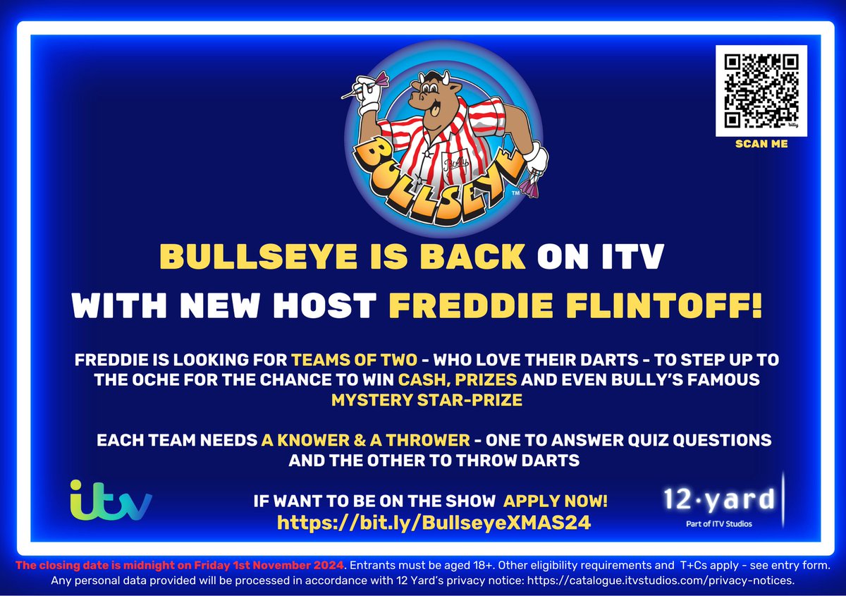 BULLSEYE IS BACK 🙌

The legendary TV show returns to our screens - and here is how you can be part of it...

👉 eu.castitreach.com/ag/itv12yard/b…