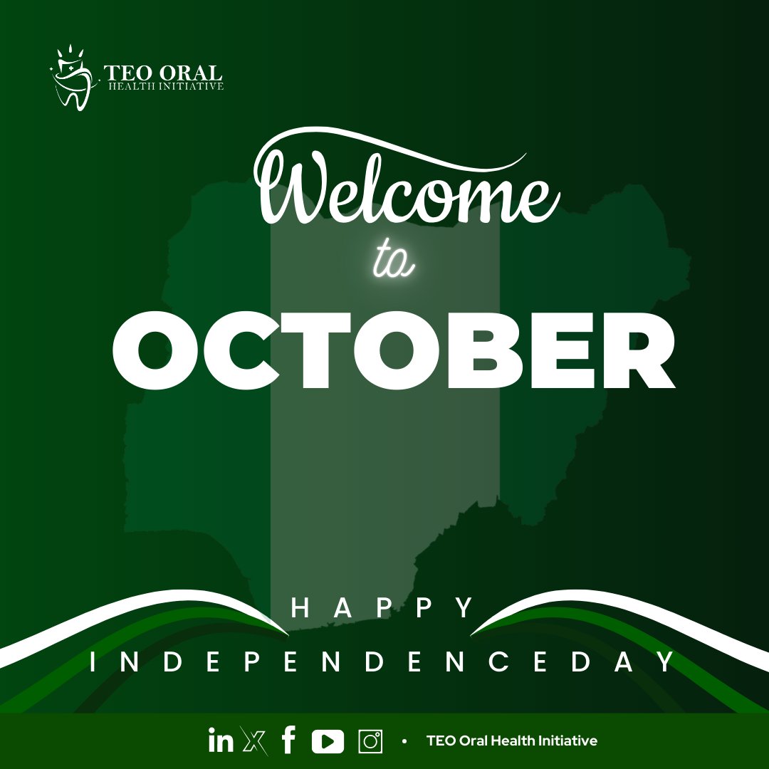 HAPPY NEW MONTH 🎉

HAPPY NIGERIA INDEPENDENCE DAY IN ARREARS 🇳🇬

May this month be a month of Love, Joy &amp; Happiness ✨

GOD BLESS ✨
GOD BLESS NIGERIA 🇳🇬

 _SIGNED 🖋️_ 
 _Taiwo Emmanuel OGUNJOBI,_
_Founder, TEO Oral Health Initiative 🦷🩺_