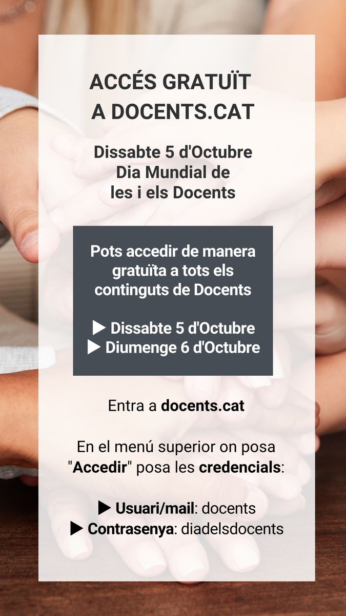 Amb motiu del Dia Mundial de les i els Docents

Dissabte 5 i diumenge 6 d'octubre pots accedir de manera gratuïta a tots els continguts de Docents

Entra a la web docents.cat, on posa "Accedir" escriu les credencials:

▶️ Usuari: docents
▶️ Contrasenya: diadelsdocents