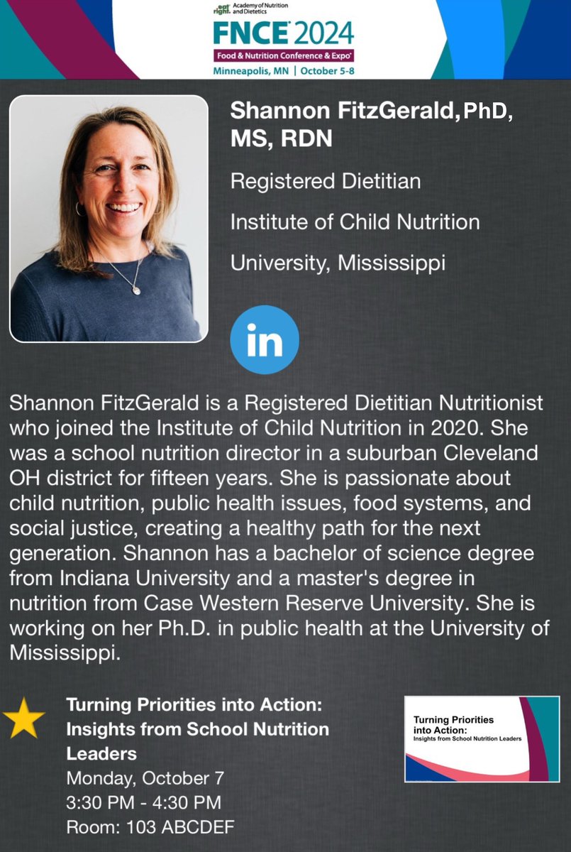 Will you be at #FNCE next week? Don't miss Dr. Danielle Barrett &amp; Dr. Shannon FitzGerald presenting alongside Sandy Curwood &amp; Donna Martin on Turning Priorities into Action: Insights from School Nutrition Leaders. They are presenting as the Academy's SNS DPG spotlight session.