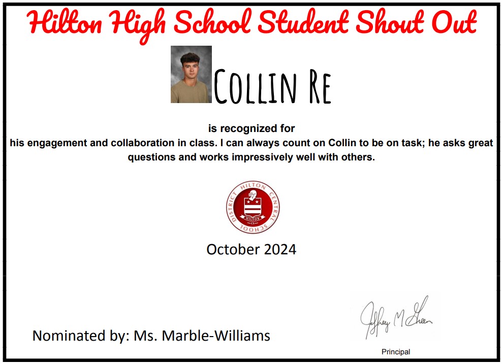 Congratulations to Collin, one of our October 2024 Students of the Month. Thank you for exemplifying our Cadet Intentional Values. Keep up the good work! #WeAreHilton