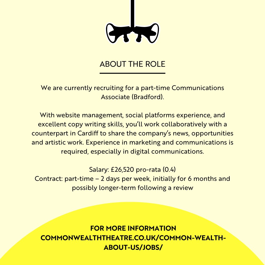 Calling all compelling storytellers! 📢📢

Common Wealth are looking for a P-T Comms Associate (Bradford) to help share the work of the company.

Deadline Mon 28 Oct, more details and how to apply commonwealththeatre.co.uk/common-wealth-…