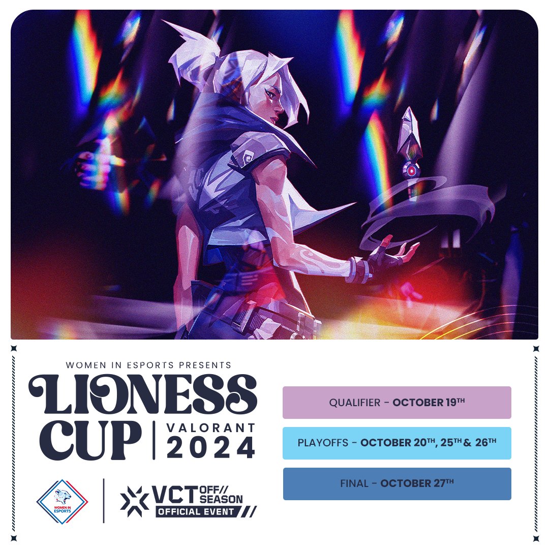 WomenIn_Esports's tweet image. The Lioness Cup is back!😱

Official VCT off-season event ✅
£1,000 Prize Pool💰
32 Teams 🔥

Sign up NOW, Link Below! 👇